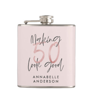 Making 50 look good girly pink glitter birthday hip flask