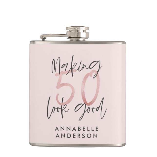 Making 50 look good girly pink glitter birthday hip flask (Front)