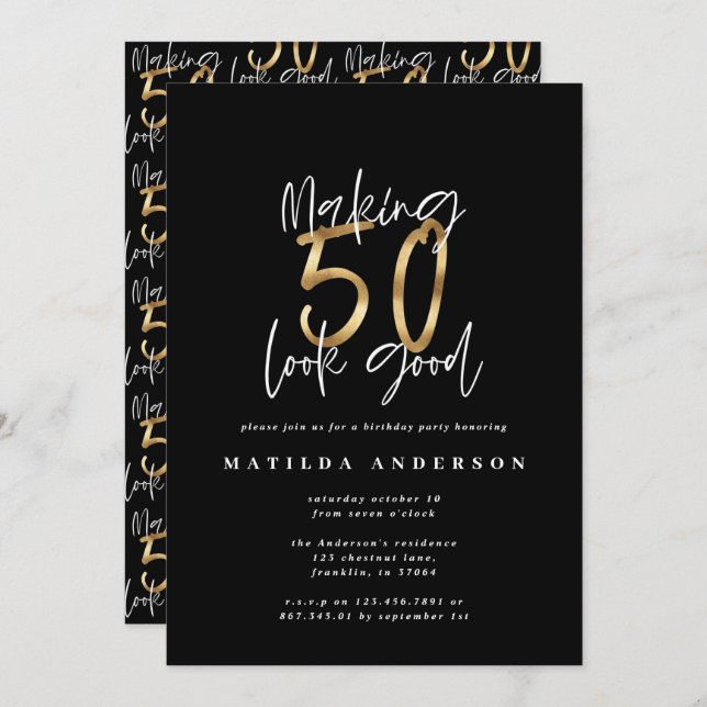 Making 50 look good gold birthday invitation (Front/Back)