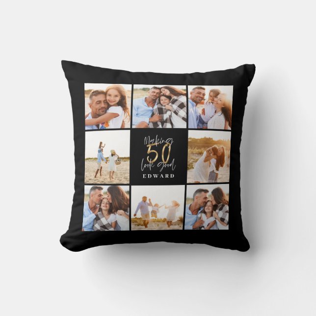 Making 50 look good gold black photo birthday cushion (Front)