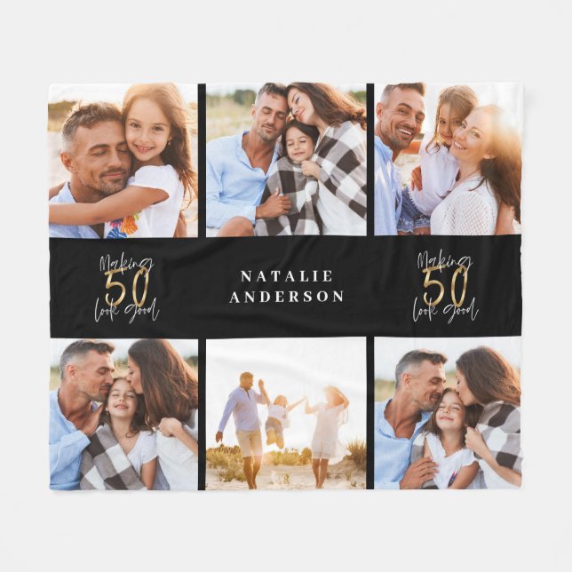 Making 50 look good gold black photo birthday fleece blanket (Front (Horizontal))