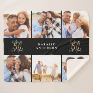 Making 50 look good gold black photo birthday sherpa blanket