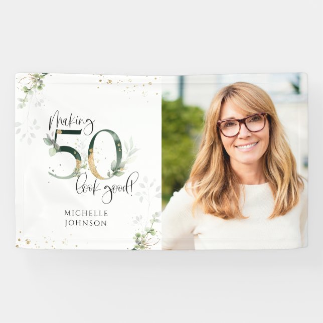 Making 50 Look Good Green Gold Botanical Birthday Banner (Horizontal)