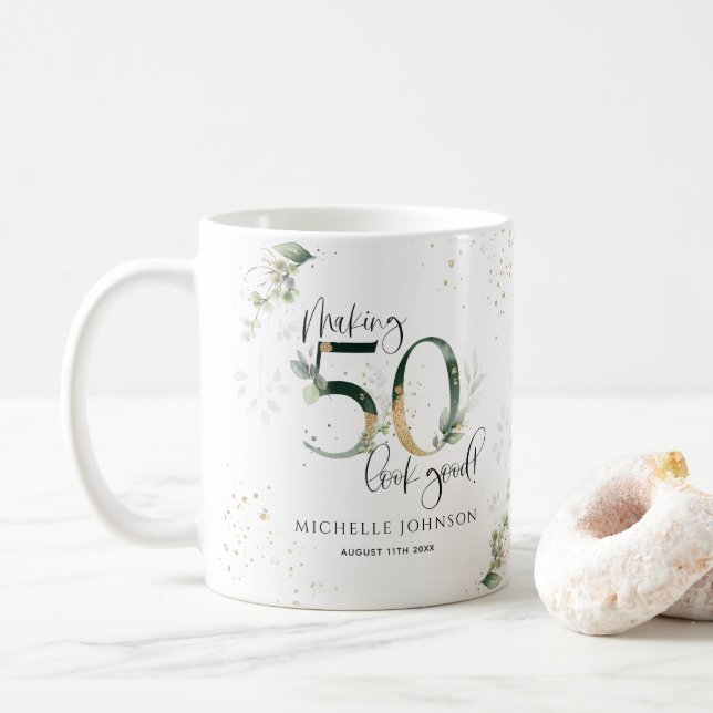 Making 50 Look Good Green Gold Botanical Birthday Coffee Mug (With Donut)