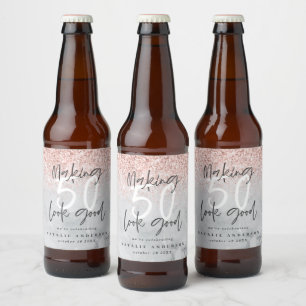 Making 50 look good rose gold and marble birthday beer bottle label