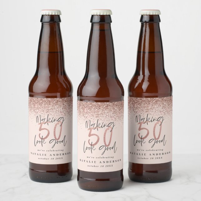 Making 50 look good rose gold birthday celebration beer bottle label (Bottles)