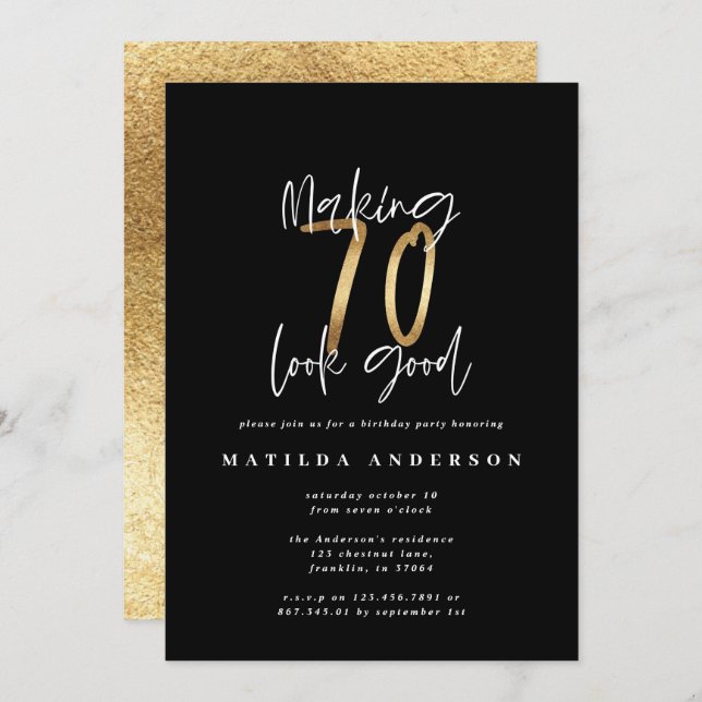 Making 70 look good gold birthday invitation (Front/Back)