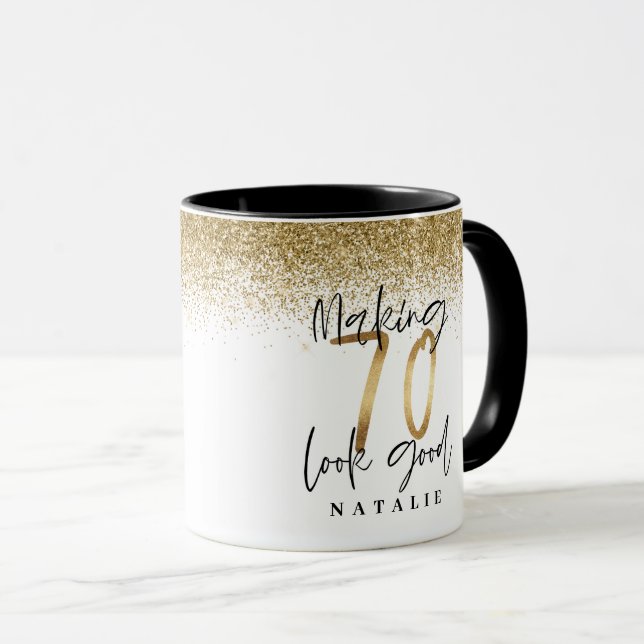Making 70 look good gold glitter birthday favour mug (Front Right)