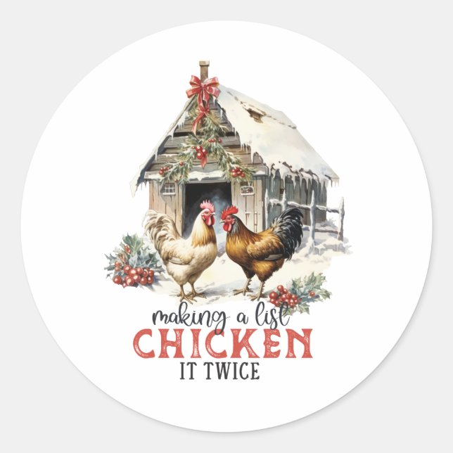 "Making a list, Chicken it twice" Puns Christmas Classic Round Sticker (Front)