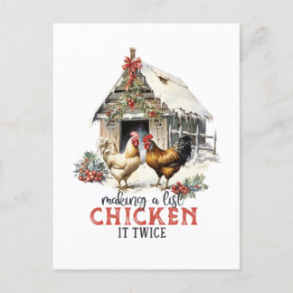 "Making a list, Chicken it twice" Puns Christmas Postcard