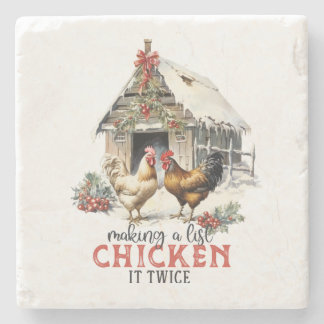 "Making a list, Chicken it twice" Puns Christmas Stone Coaster