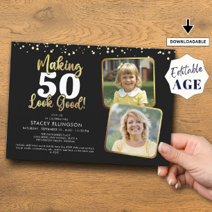 Making AGE Look Good 2 Photos Black Gold Birthday Invitation