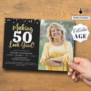 Making AGE Look Good Photo Black Gold Birthday Invitation