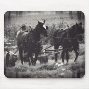 Making Hay With Horses Black and White Mouse Mat
