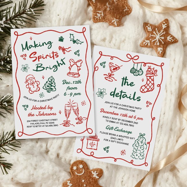 Making Spirits Bright Hand Drawn Christmas Party Invitation (Creator Uploaded)