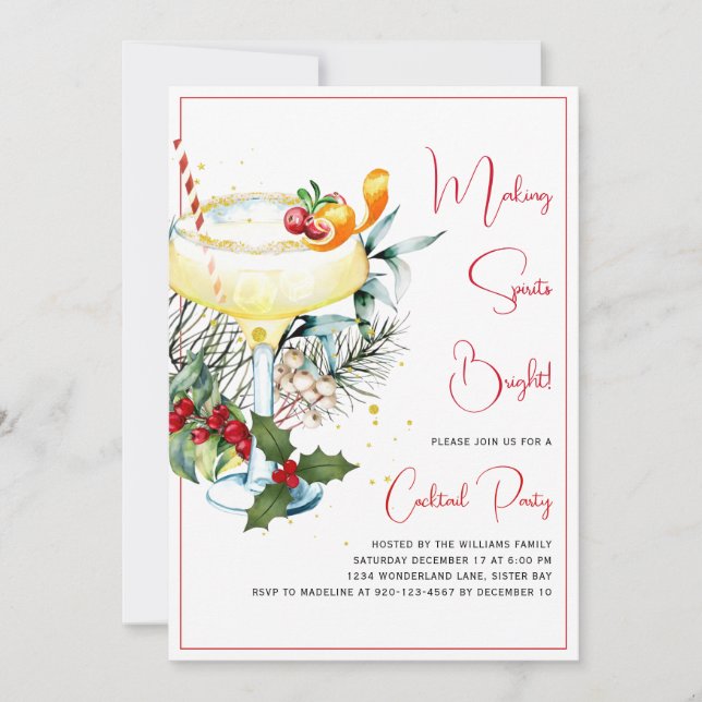Making Spirits Bright Holiday Cocktail Party  Invitation (Front)