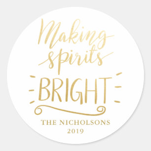 Making Spirits Bright Modern Gold Foil Script Classic Round Sticker