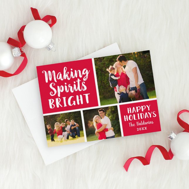 Making Spirits Bright Red Script Photo Collage Holiday Card (Creator Uploaded)