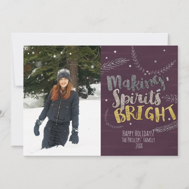 Making Spirits Bright Silver Leaves Holiday Photo Card (Front)