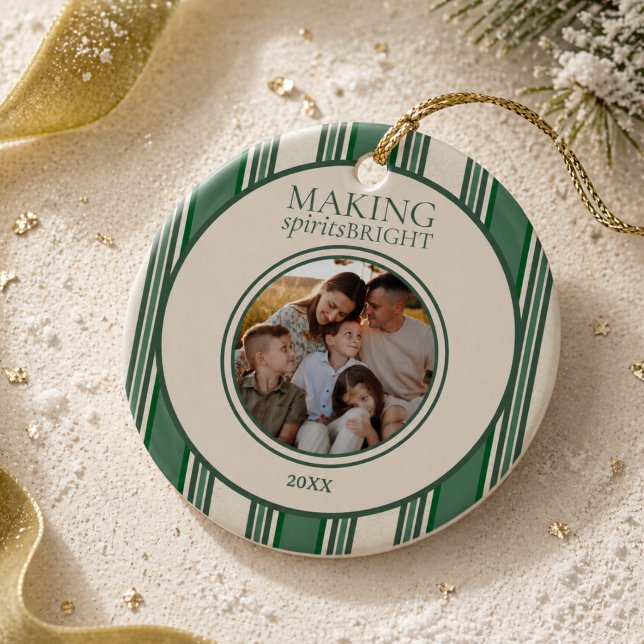 Making Spirits Bright Two Photo Stripe Holiday Ceramic Tree Decoration (Making Spirits Bright Two Photo Stripe Holiday Ceramic Ornament)