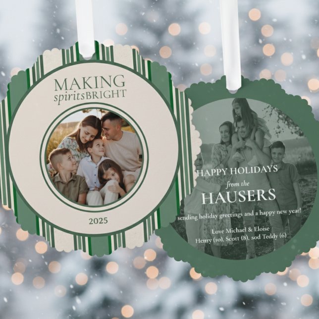 Making Spirits Bright Two Photo Stripe Tree Decoration Card (Send holiday greetings with this Making Spirits Bright Two Photo Stripe Holiday Ornament Card!)