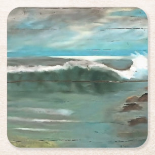 Making Waves On Driftwood Seascape Art Square Paper Coaster
