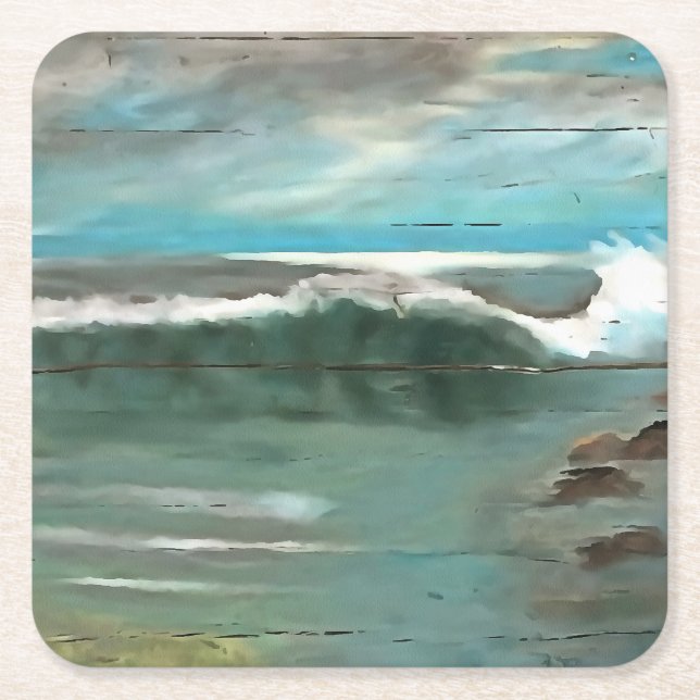 Making Waves On Driftwood Seascape Art Square Paper Coaster (Front)