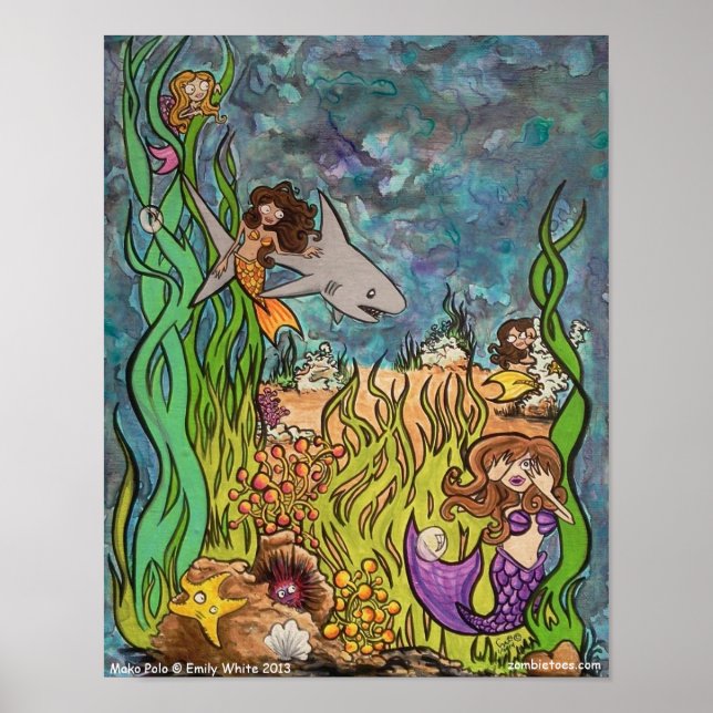 Mako Polo Mermaid + Shark play games friends art Poster (Front)