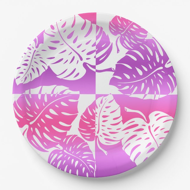 Makua Monstera Tropical Hawaiian Striped Blend Paper Plate (Front)