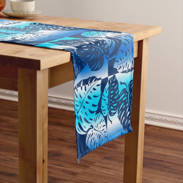 Makua Monstera Tropical Hawaiian Striped Blend Short Table Runner (In Situ)