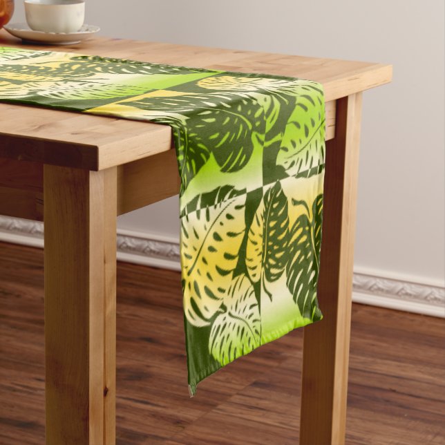 Makua Monstera Tropical Hawaiian Striped Blend Short Table Runner (In Situ)