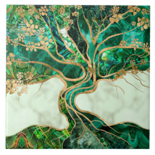 Malachite and Abalone Tree of life abstract Tile