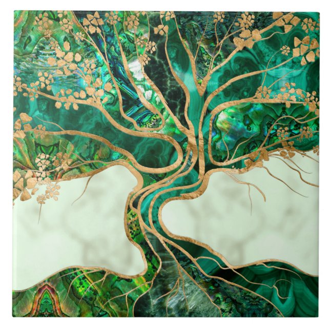 Malachite and Abalone Tree of life abstract Tile (Front)