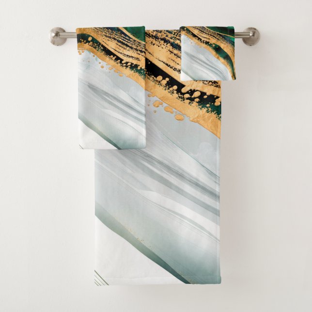 Malachite green watercolor and gold bath towel set (Insitu)