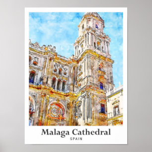 Malaga Cathedral Spain Travel Watercolor Poster