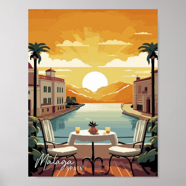 Malaga Spain Art vintage travel illustration Poster (Front)