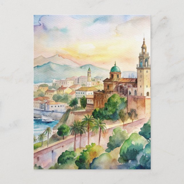 Malaga Spain Cityscape Watercolor Painting Postcard (Front)