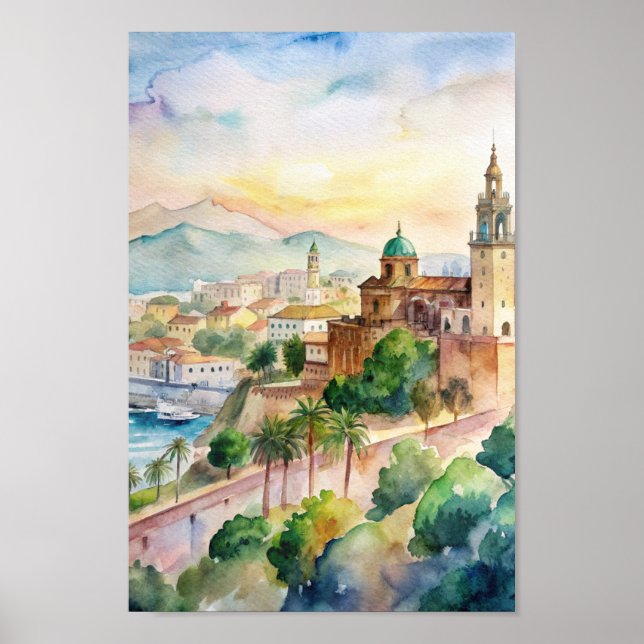 Malaga Spain Cityscape Watercolor Painting Poster (Front)