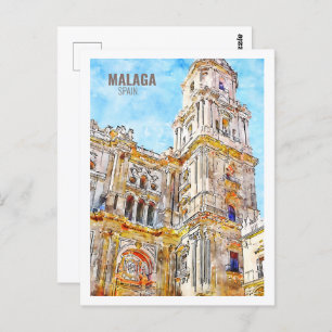 Malaga Spain Famous Travel Watercolor Sketch Postcard