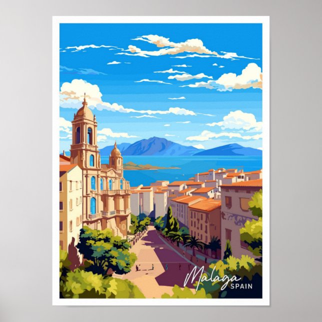 Malaga Spain Travel Vintage Illustration Poster (Front)