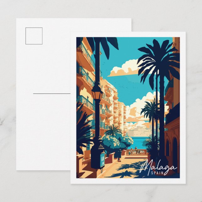 Malaga Spain vintage travel illustration Postcard (Front/Back)