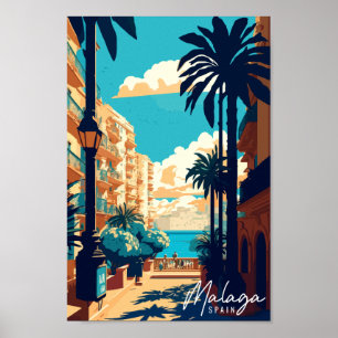 Malaga Spain vintage travel illustration Poster