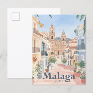Malaga Spain Watercolor Painting Travel Postcard