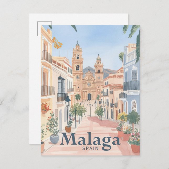 Malaga Spain Watercolor Painting Travel Postcard (Front/Back)