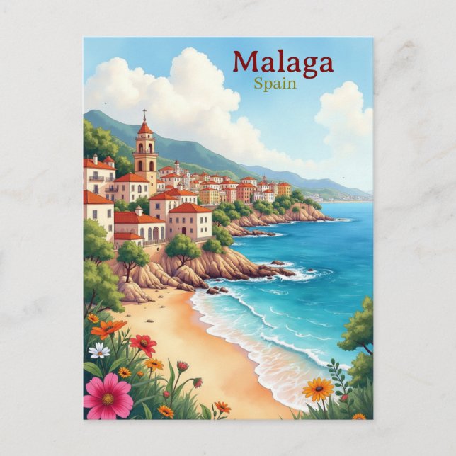 Malaga Spain Watercolor Painting Travel  watercolo Postcard (Front)
