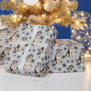 Malamute Dog Paw Print Pattern on Silver Grey Wrapping Paper
