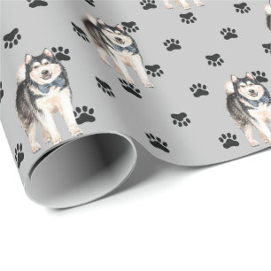 Malamute Dog Paw Print Pattern on Silver Wrapping Paper