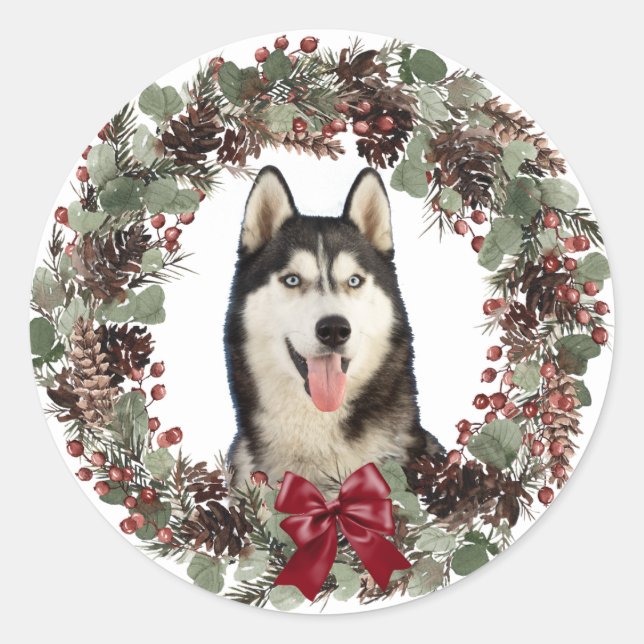 Malamute Dog Red Bow Pinecone Wreath Christmas  Classic Round Sticker (Front)