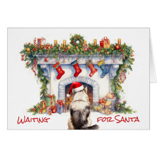 Malamute Dog Wait for Santa Christmas Fireplace