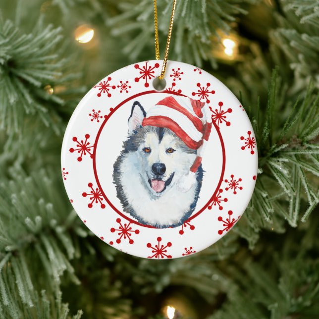 Malamute Santa Hat Snowflake Ceramic Ornament (Tree)